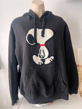 Peanuts Black Hoodie with White Snoopy Patch and Red Collar Detail